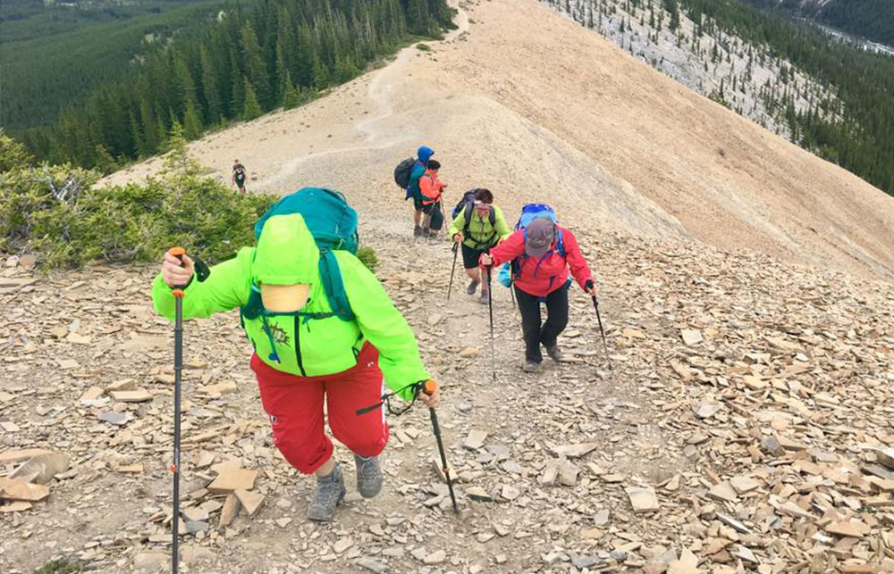 Group of hikers making it to the peak of a mountain